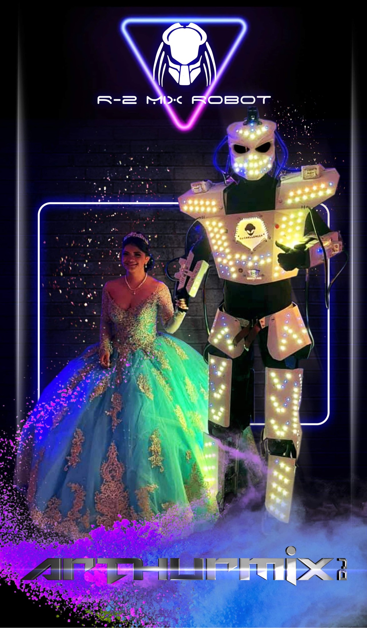 A robot holding a hand of a girl who wears a sea green frock